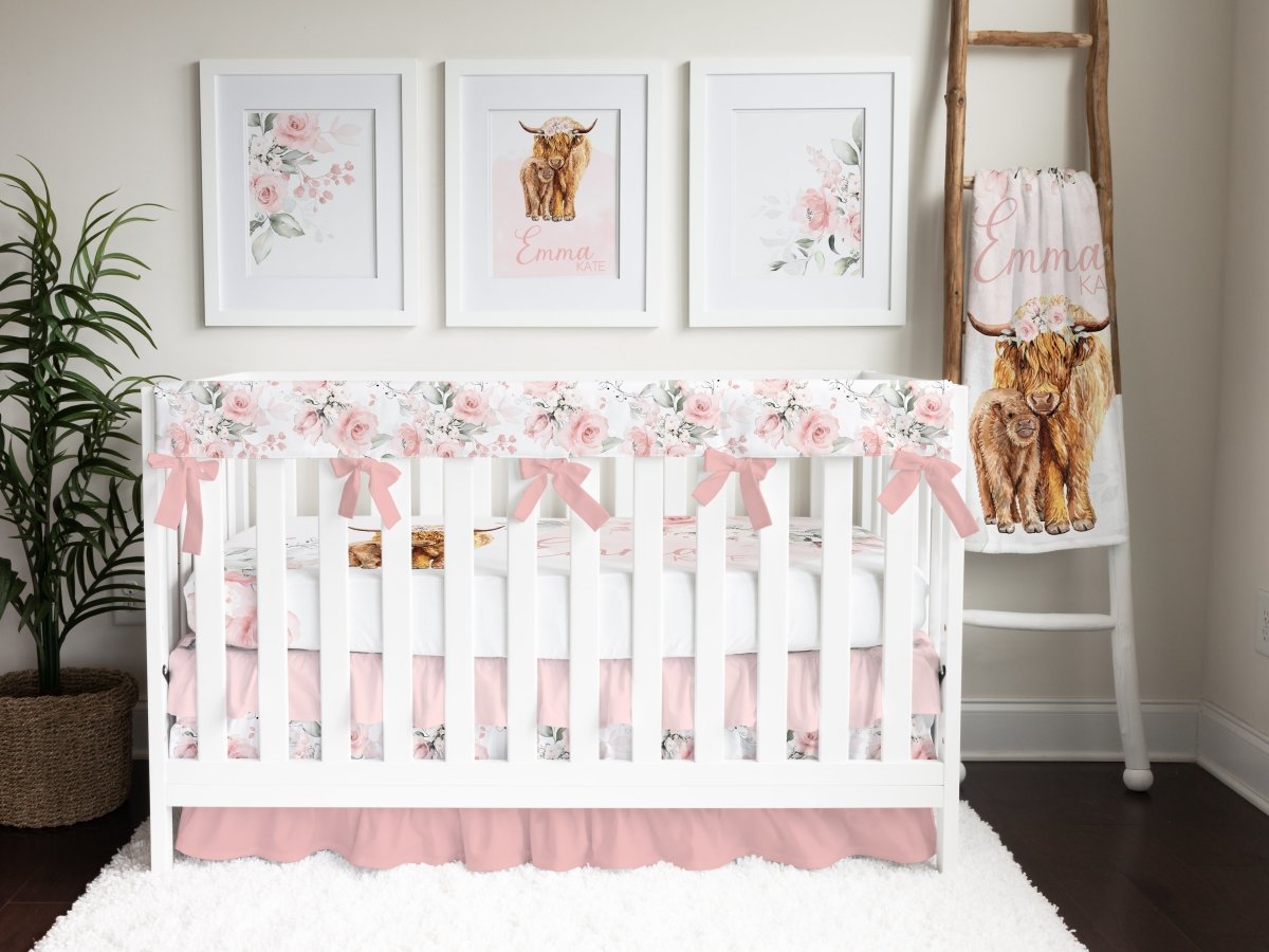 Highland Cow Floral Personalized Crib Sheet - gender_girl, Personalized_Yes, text