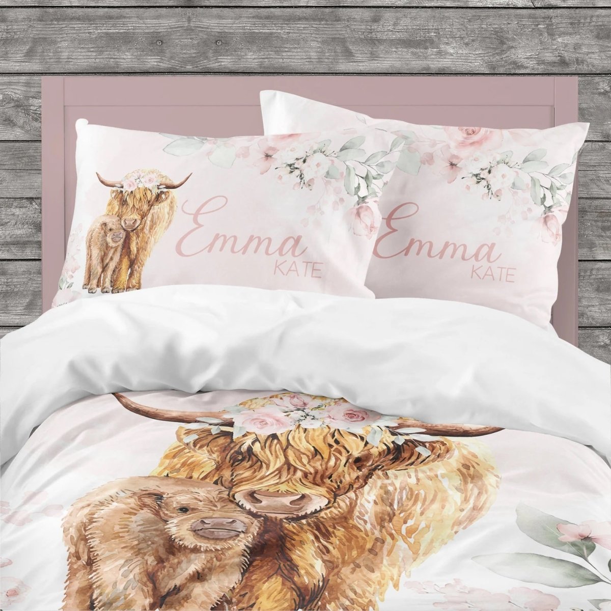 Highland Cow Floral Personalized Kids Bedding Set (Comforter or Duvet Cover) - gender_girl, Highland Cow Floral, text