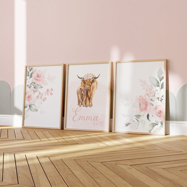 Highland Cow Floral Personalized Nursery Art - gender_girl, Highland Cow Floral, text