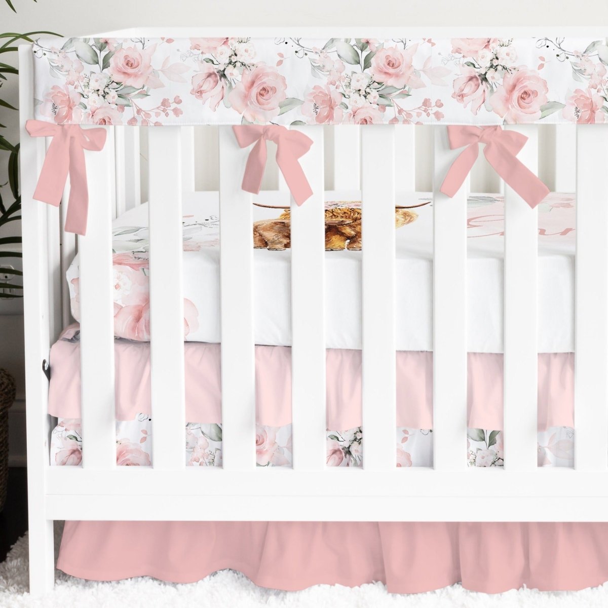 Highland Cow Floral Ruffled Crib Bedding - gender_girl, Highland Cow Floral, text