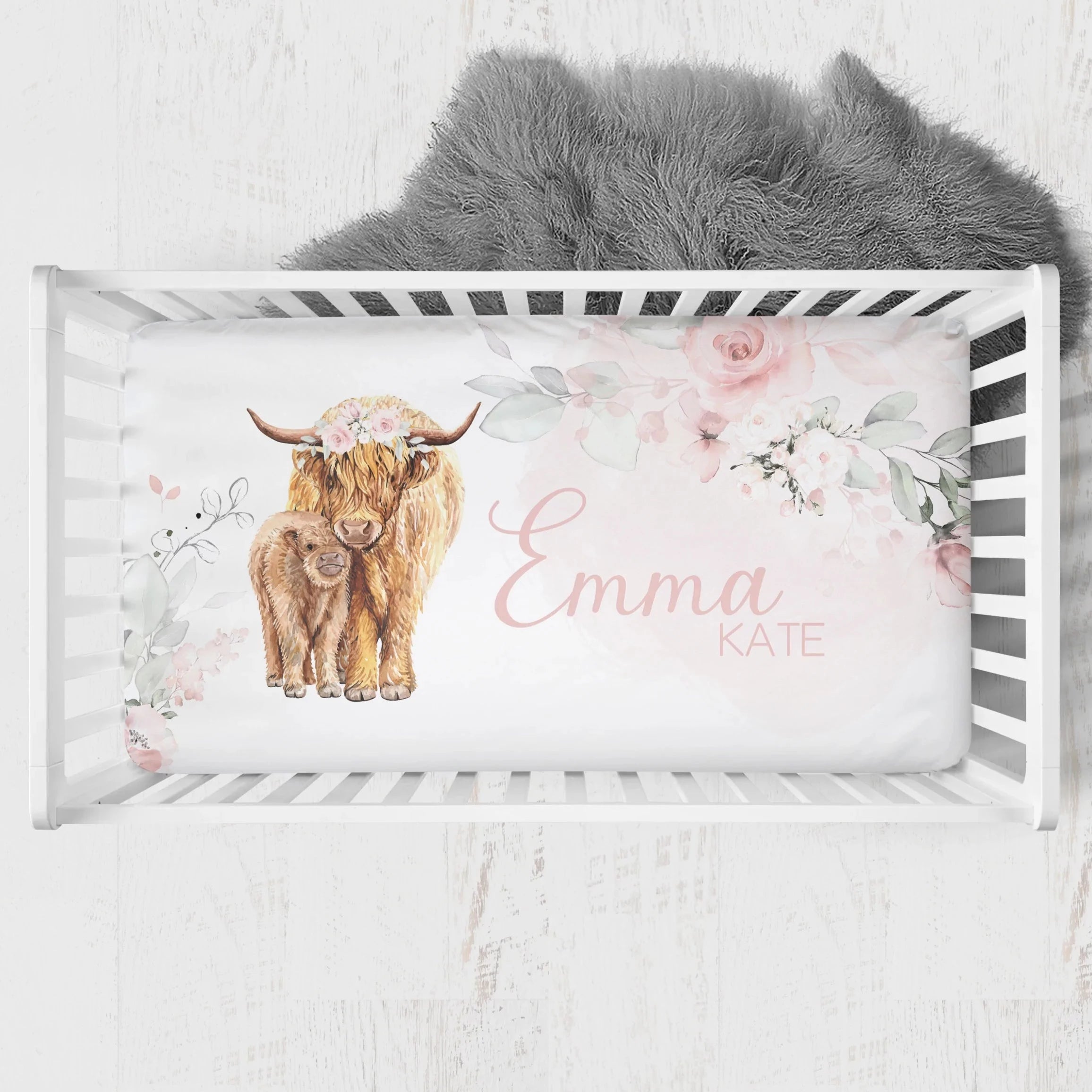 Highland Cow Floral Ruffled Crib Bedding - gender_girl, Highland Cow Floral, text