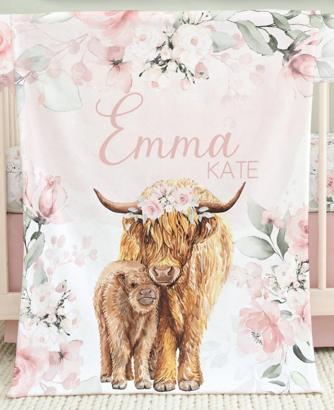 Highland Cow Floral Ruffled Crib Bedding - gender_girl, Highland Cow Floral, text