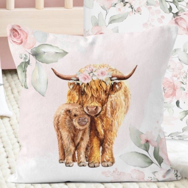 Highland Cow Floral Throw Pillow - gender_girl, Highland Cow Floral, Theme_Boho
