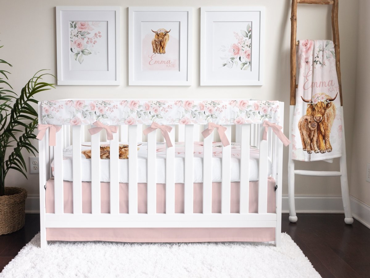 Highland Cow Solid Pink Crib Skirt - gender_girl, Highland Cow Floral, Theme_Boho