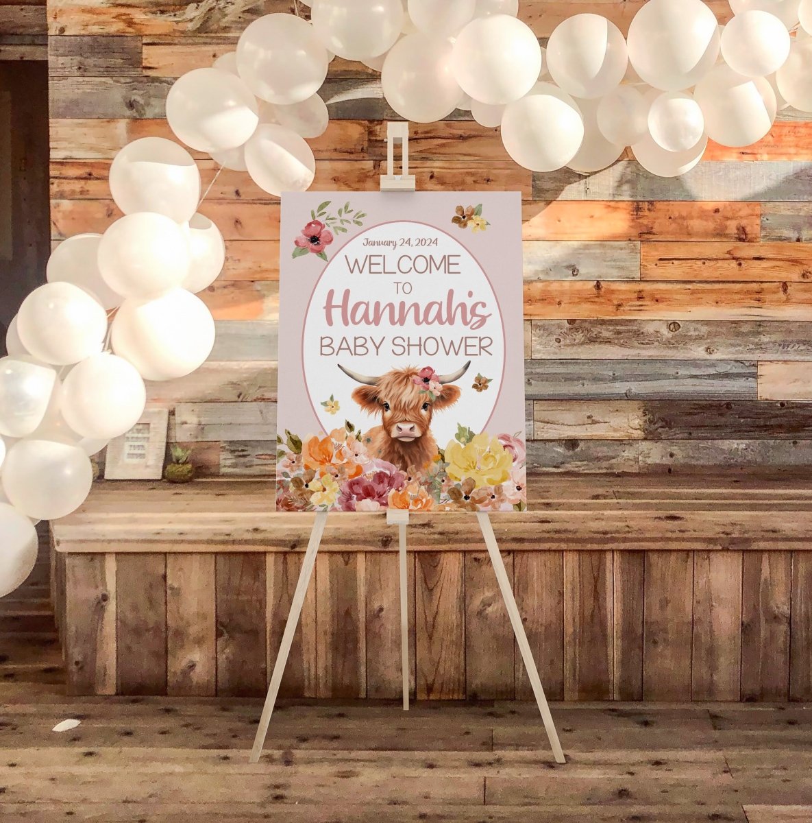 Highland Cow Wildflower Baby Shower Welcome Sign - gender_girl, Highland Cow Wildflower, text