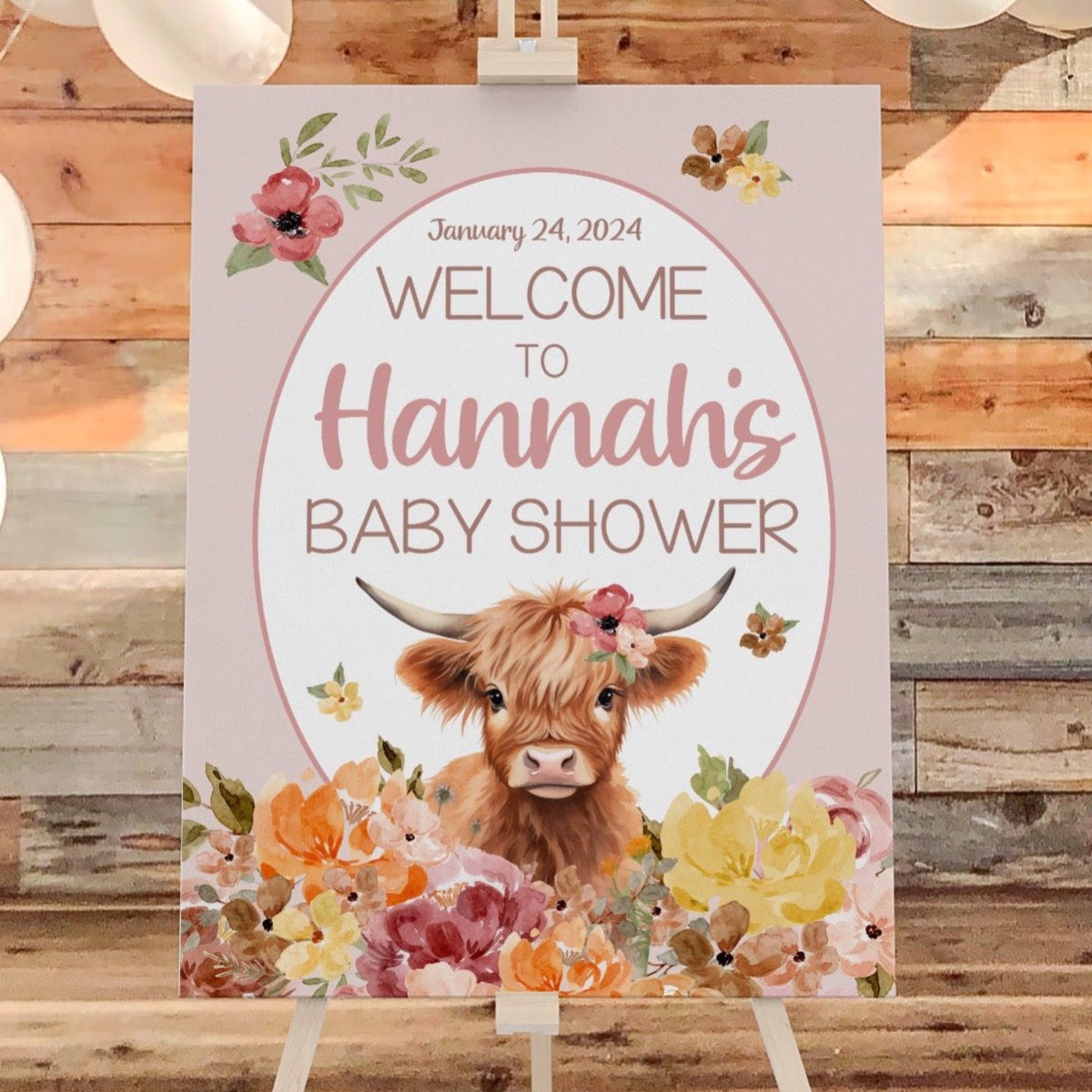 Highland Cow Wildflower Baby Shower Welcome Sign - gender_girl, Highland Cow Wildflower, text