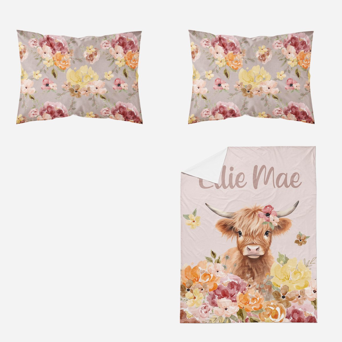 Highland Cow Wildflower Calf Personalized Kids Bedding Set (Comforter or Duvet Cover) - gender_girl, Highland Cow Wildflower, text