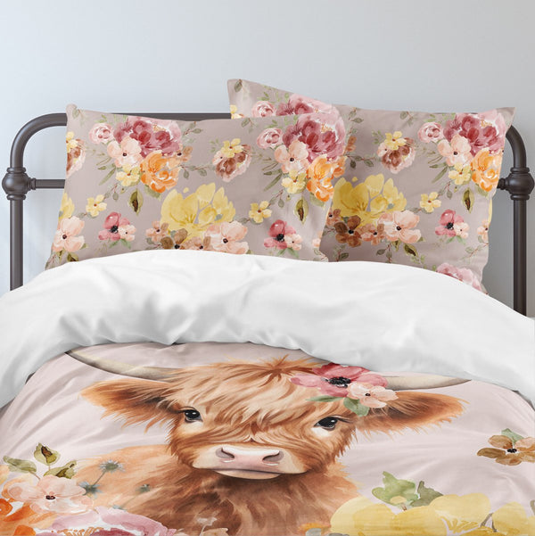 Highland Cow Wildflower Calf Personalized Kids Bedding Set (Comforter or Duvet Cover) - Girl Bedding