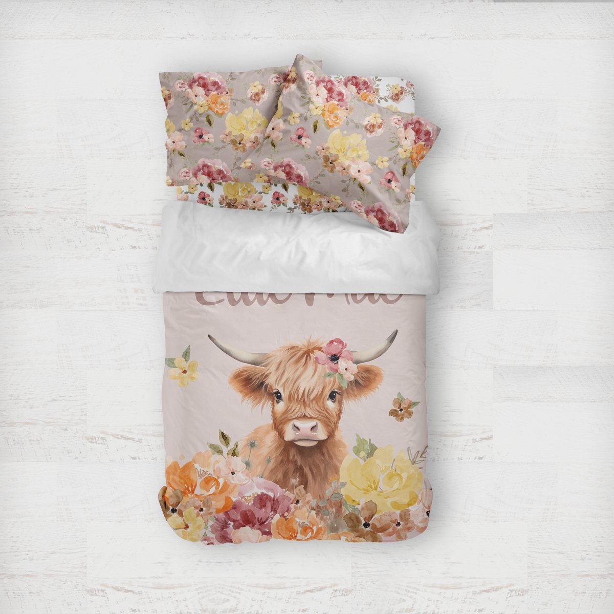 Highland Cow Wildflower Calf Personalized Kids Bedding Set (Comforter or Duvet Cover) - gender_girl, Highland Cow Wildflower, text