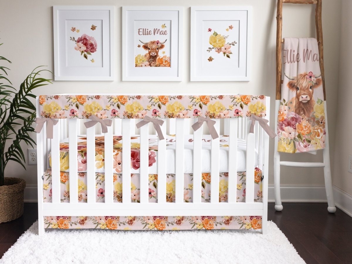 Highland Cow Wildflower Crib Bedding - gender_girl, Highland Cow Wildflower, text