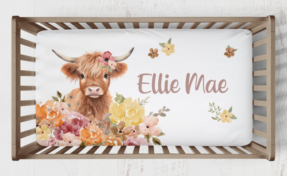 Highland Cow Wildflower Crib Bedding - gender_girl, Highland Cow Wildflower, text