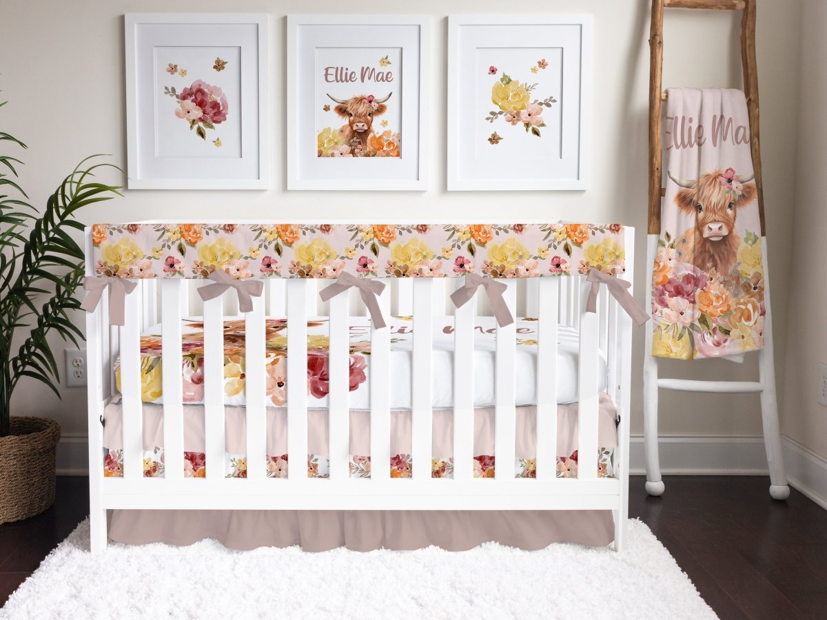 Highland Cow Wildflower Crib Rail Guards - gender_girl, Highland Cow Wildflower,