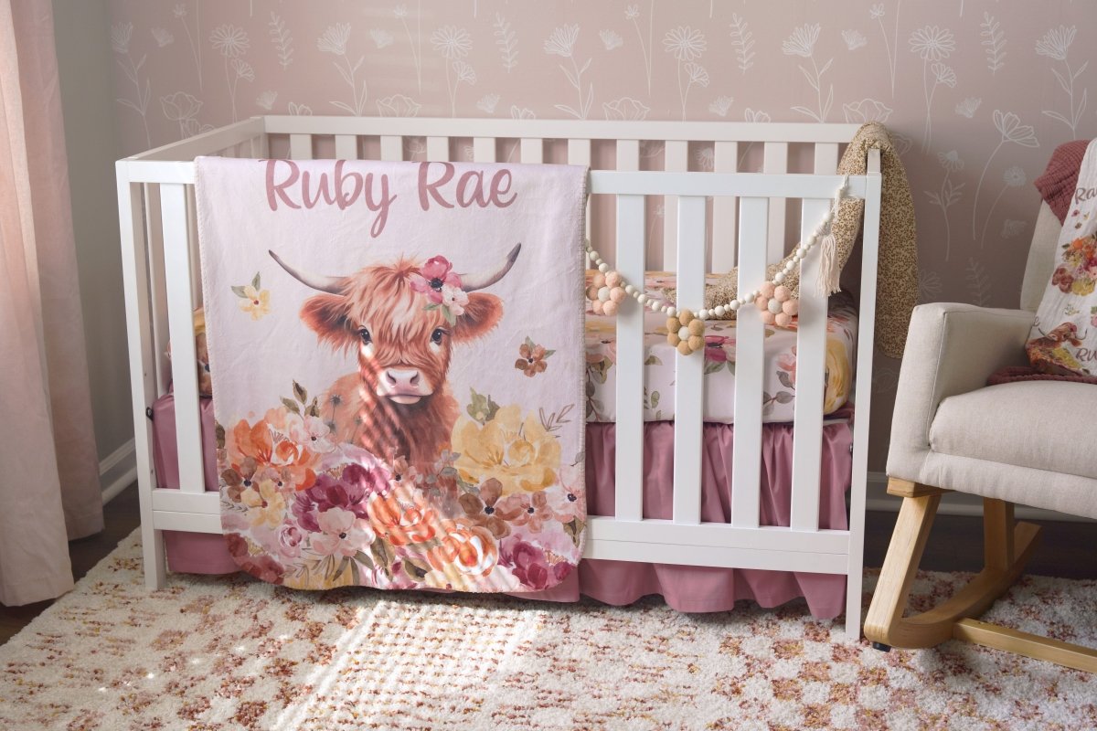 Highland Cow Wildflower Dusty Rose Gathered Crib Skirt - gender_girl, Highland Cow Wildflower, Theme_Boho