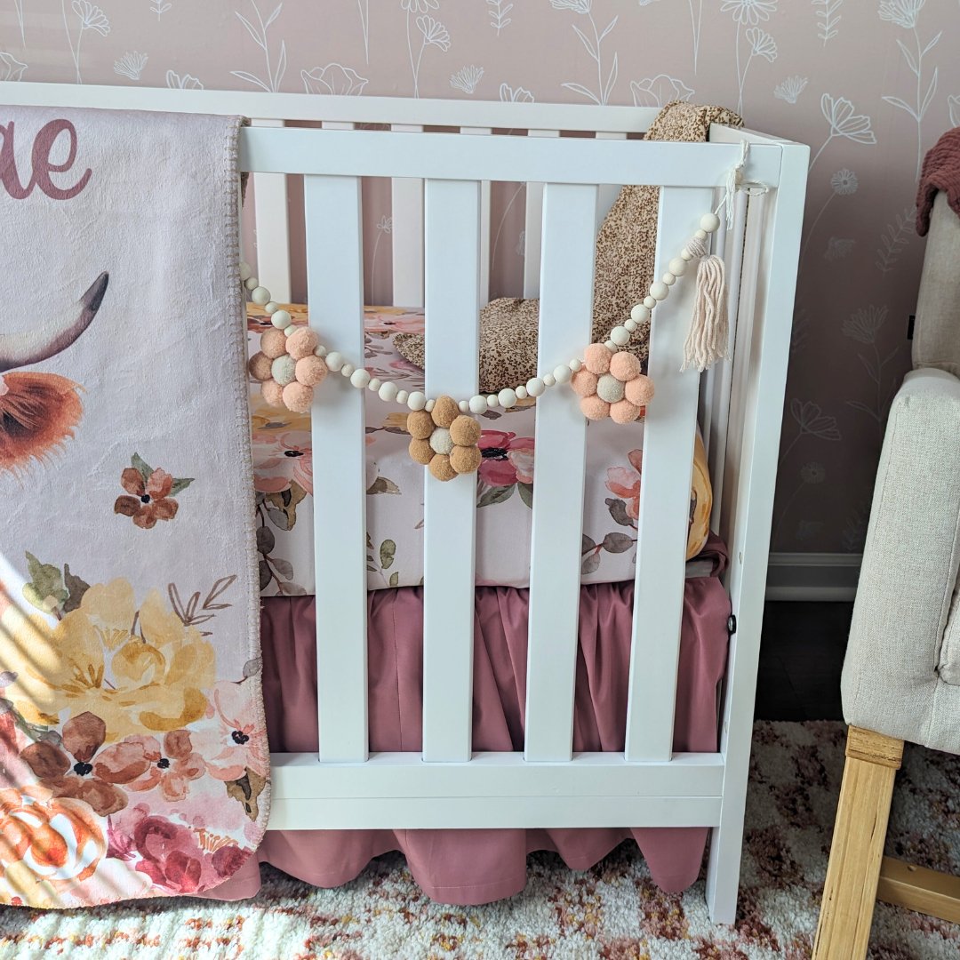 Highland Cow Wildflower Dusty Rose Gathered Crib Skirt - gender_girl, Highland Cow Wildflower, Theme_Boho