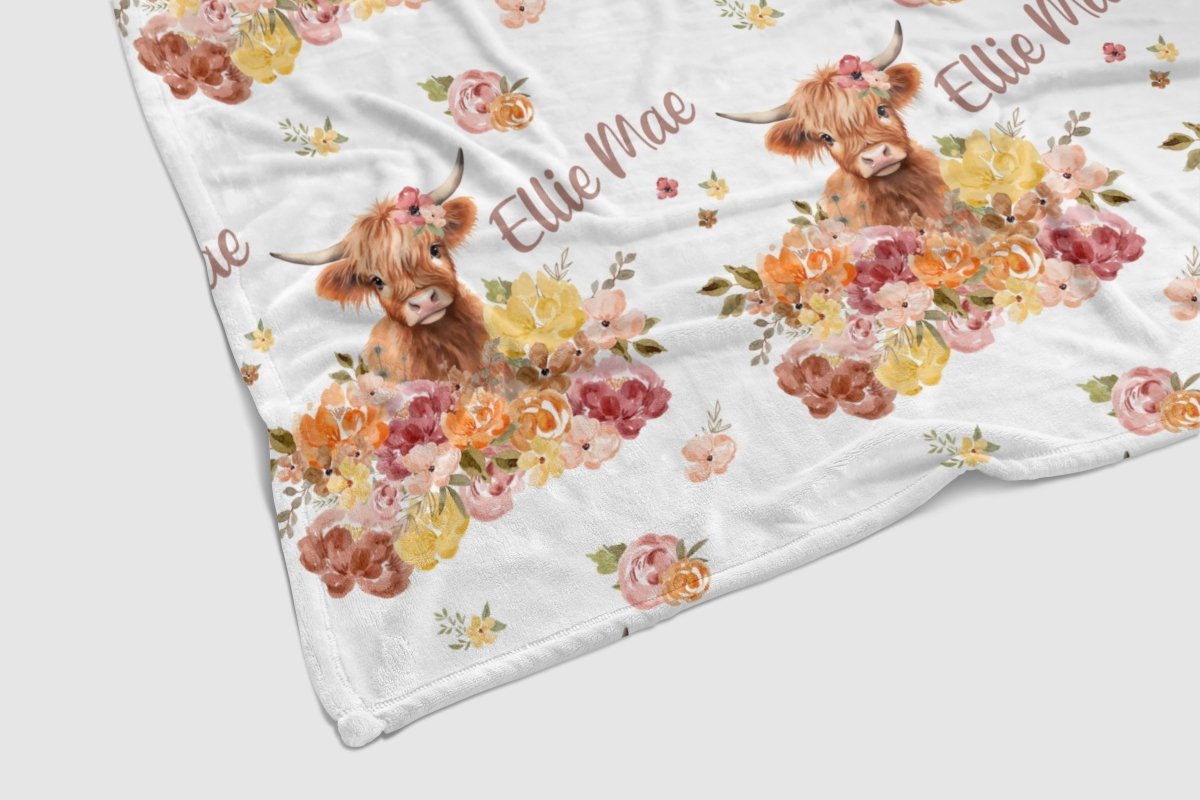Highland Cow Wildflower Personalized Baby Blanket - gender_girl, Highland Cow Wildflower, Personalized_Yes