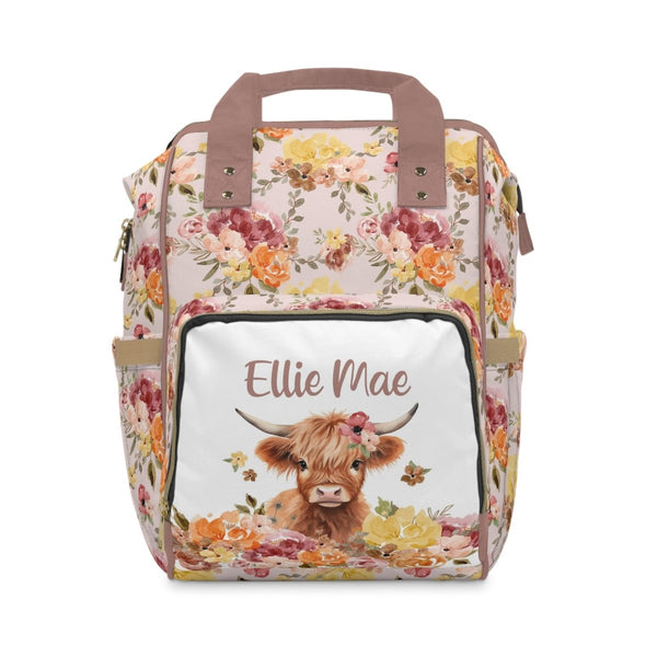 Highland Cow Wildflower Personalized Backpack Diaper Bag - gender_girl, Highland Cow Wildflower, text