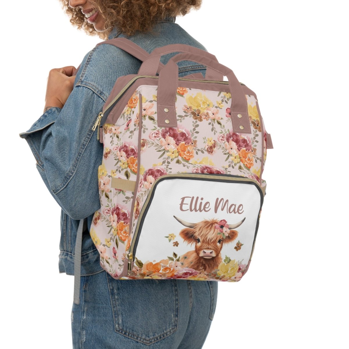 Highland Cow Wildflower Personalized Backpack Diaper Bag - gender_girl, Highland Cow Wildflower, text