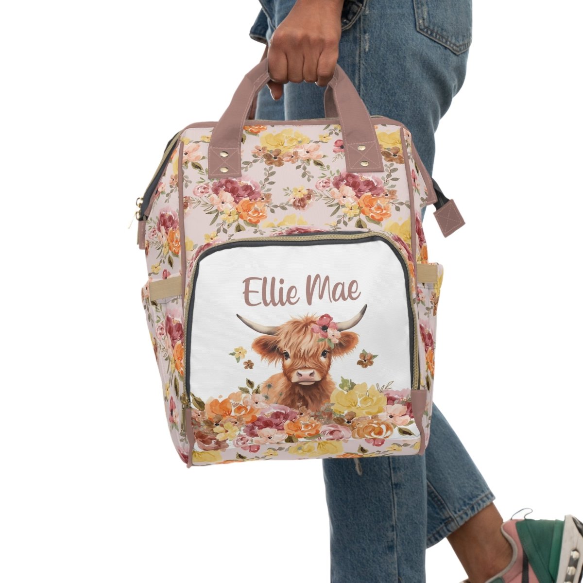 Highland Cow Wildflower Personalized Backpack Diaper Bag - Diaper Bag