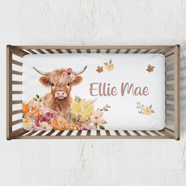 Highland Cow Wildflower Personalized Crib Sheet - gender_girl, Highland Cow Wildflower, Personalized_Yes