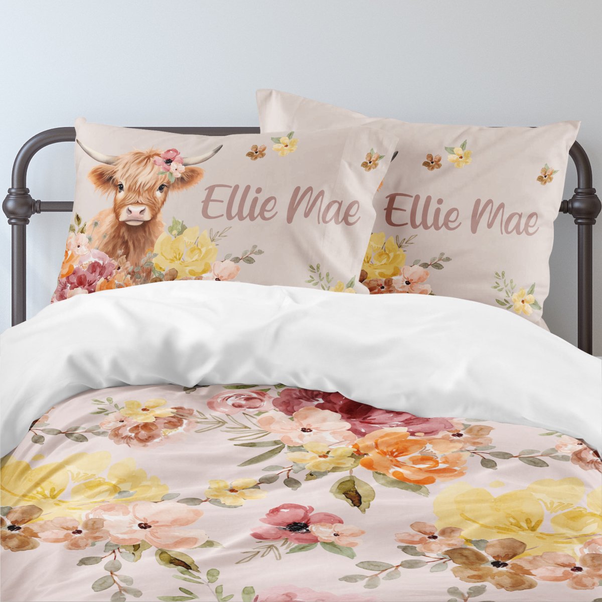 Highland Cow Wildflower Personalized Kids Bedding Set (Comforter or Duvet Cover) - gender_girl, Highland Cow Wildflower, text