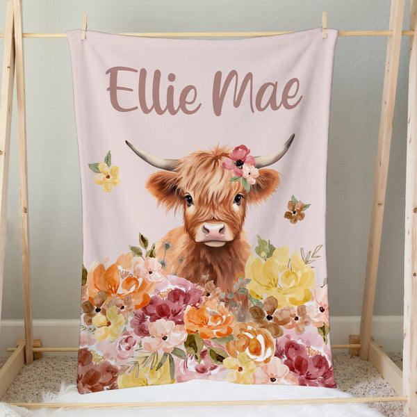 Highland Cow Wildflower Personalized Minky Blanket - gender_girl, Highland Cow Wildflower, Personalized_Yes