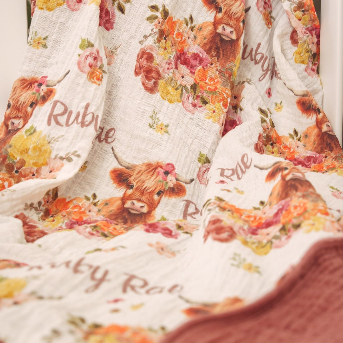 Highland Cow Wildflower Personalized Muslin Quilt - gender_girl, Highland Cow Wildflower, Theme_Boho