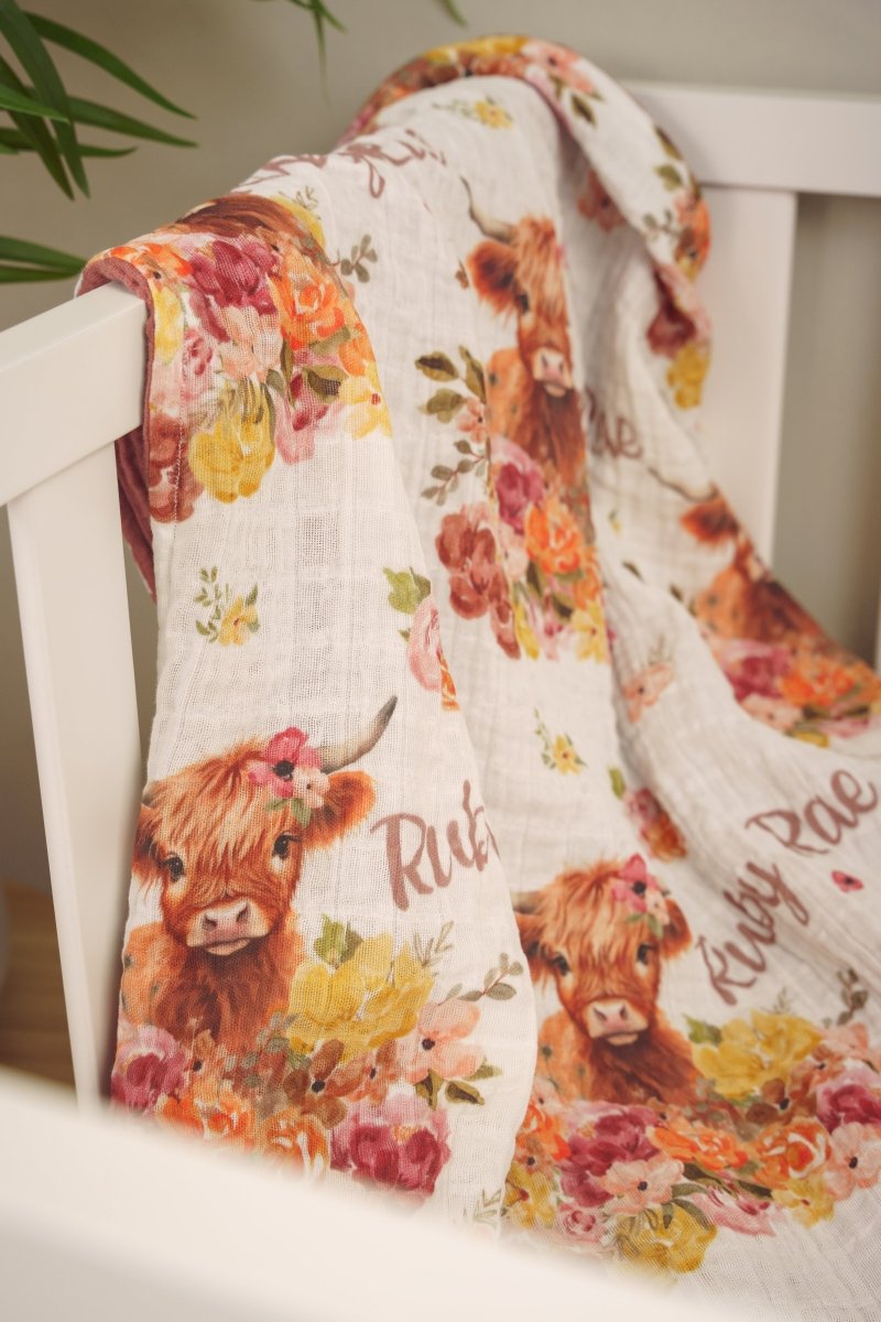 Highland Cow Wildflower Personalized Muslin Quilt - gender_girl, Highland Cow Wildflower, Theme_Boho