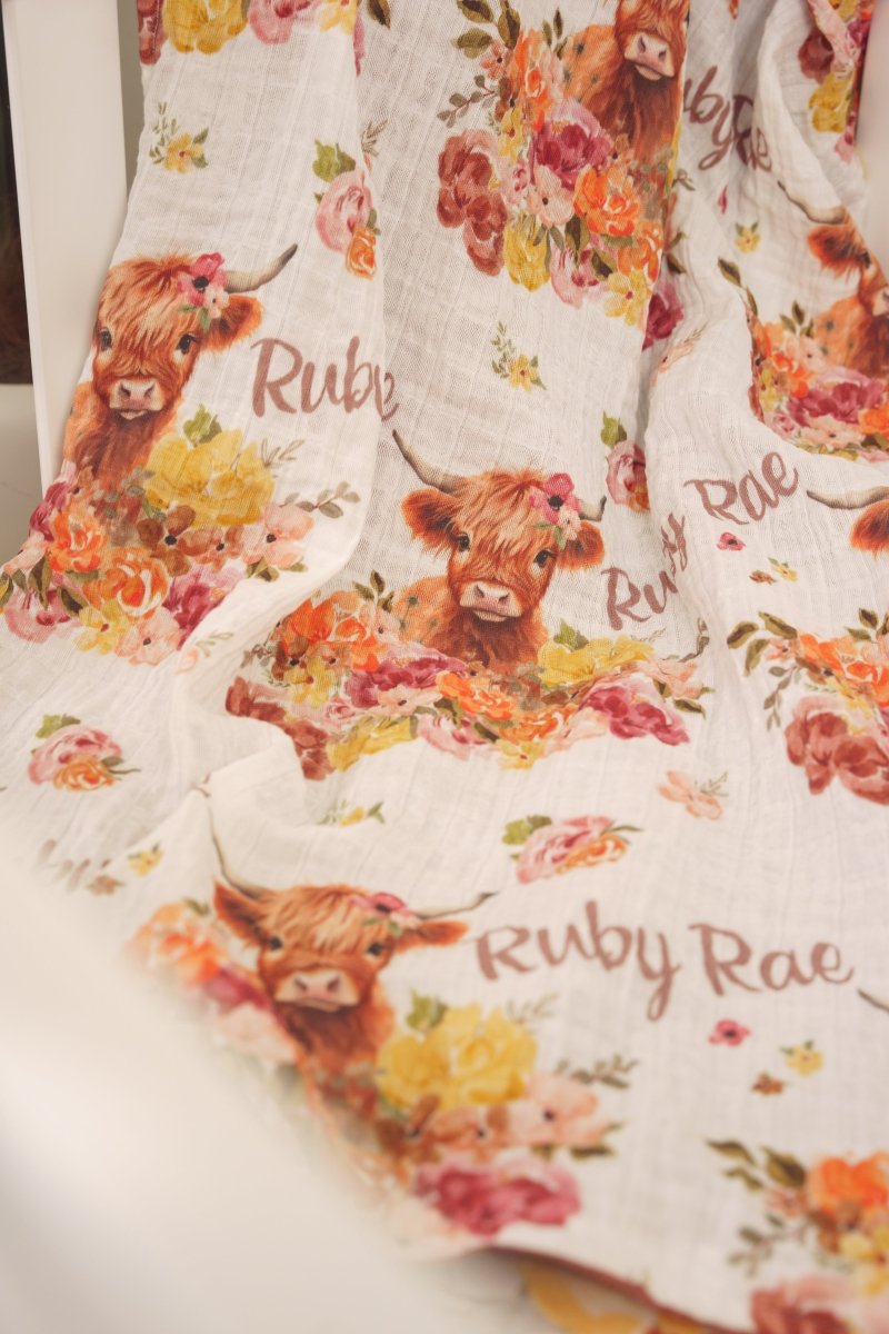 Highland Cow Wildflower Personalized Muslin Quilt - gender_girl, Highland Cow Wildflower, Theme_Boho