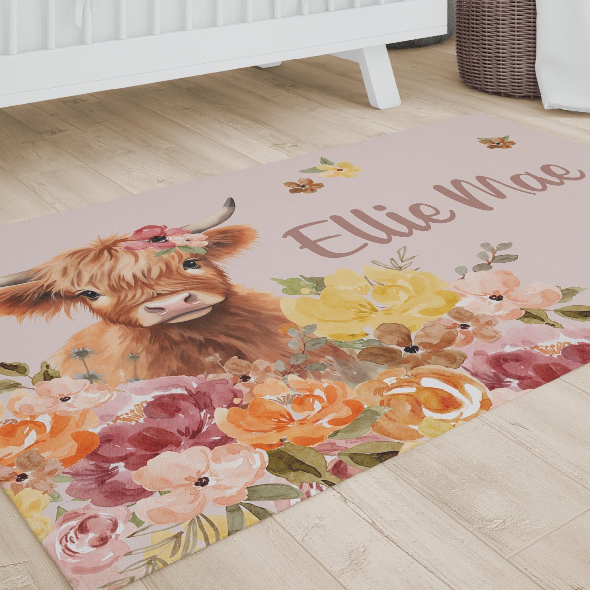 Highland Cow Wildflower Personalized Nursery Rug - gender_girl, Highland Cow Wildflower, text