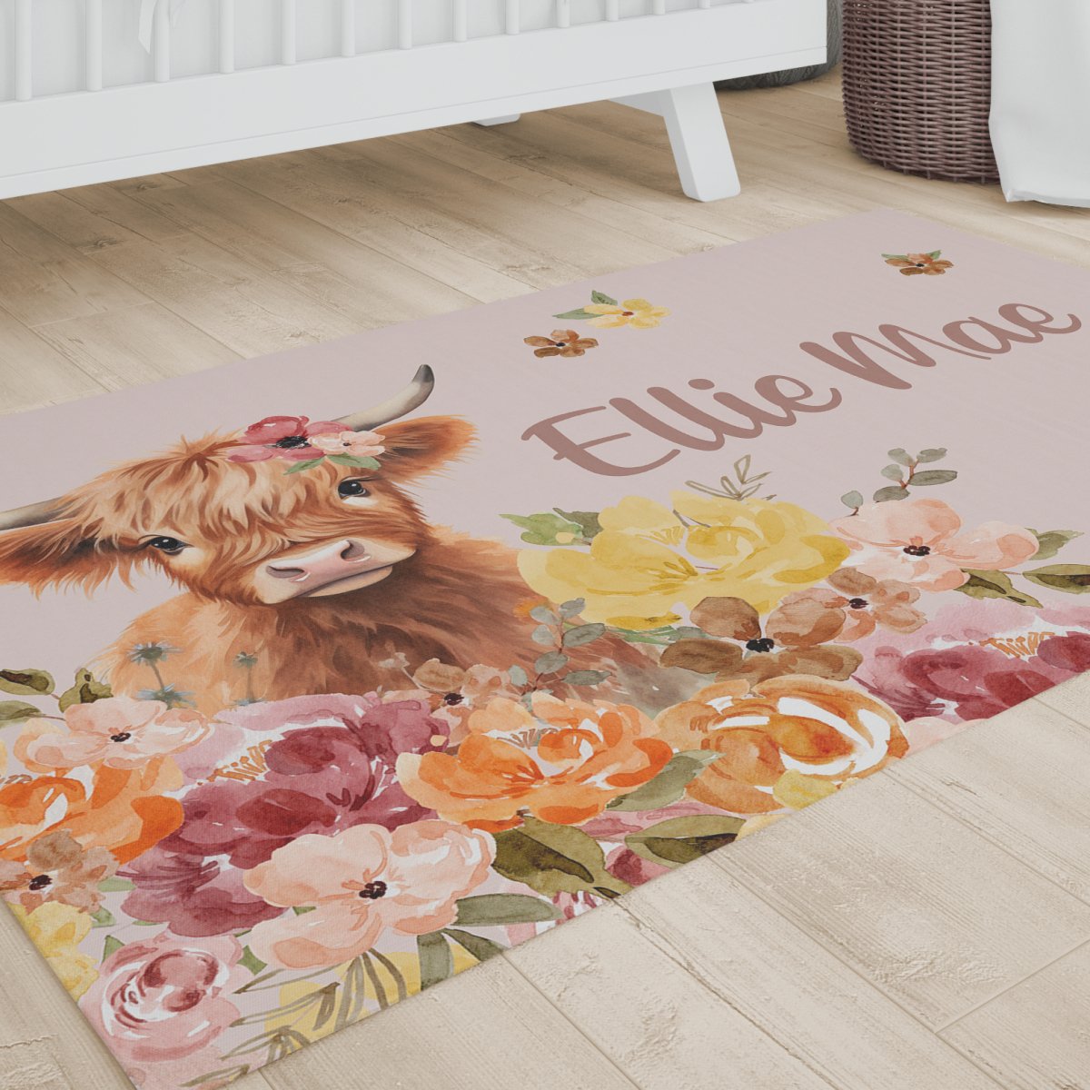 Highland Cow Wildflower Personalized Nursery Rug