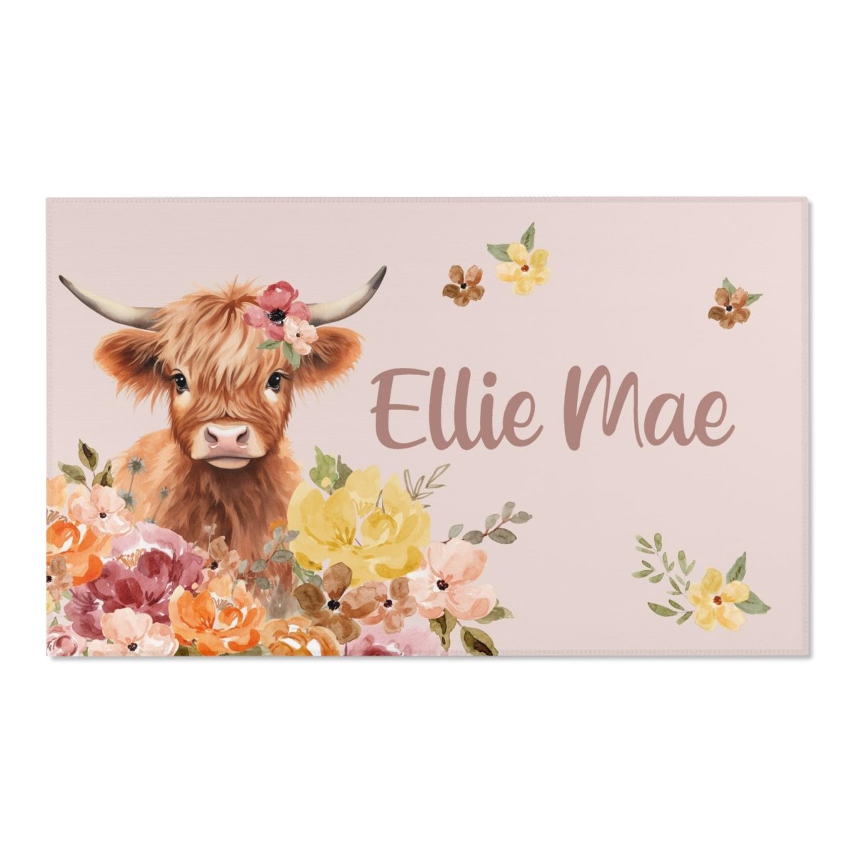 Highland Cow Wildflower Personalized Nursery Rug - gender_girl, Highland Cow Wildflower, text
