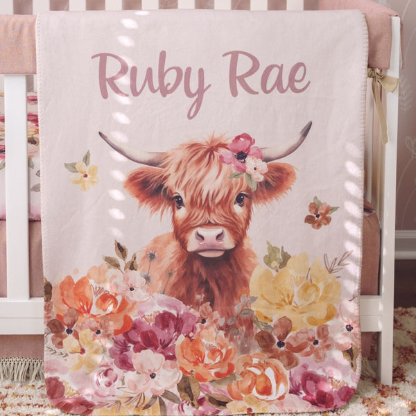 Highland Cow Wildflower Personalized Sherpa Blanket - gender_girl, Highland Cow Wildflower, Personalized_Yes