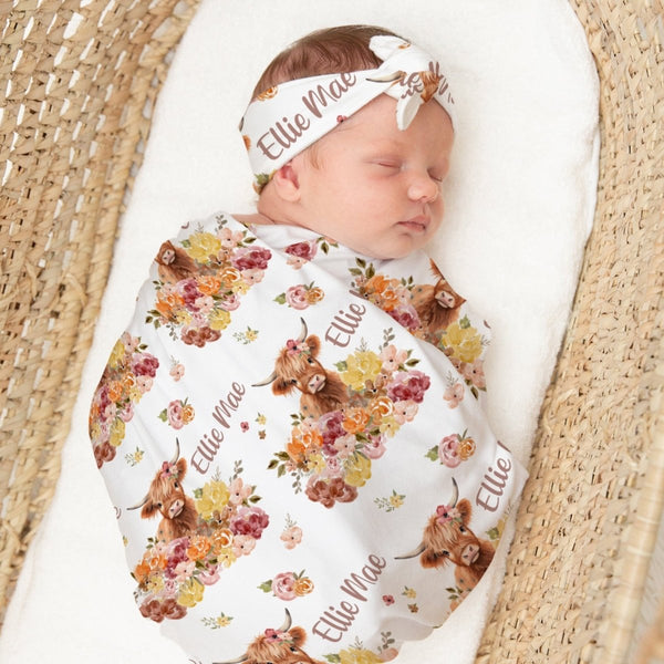 Highland Cow Wildflower Personalized Swaddle Blanket Set - gender_girl, Highland Cow Wildflower, text
