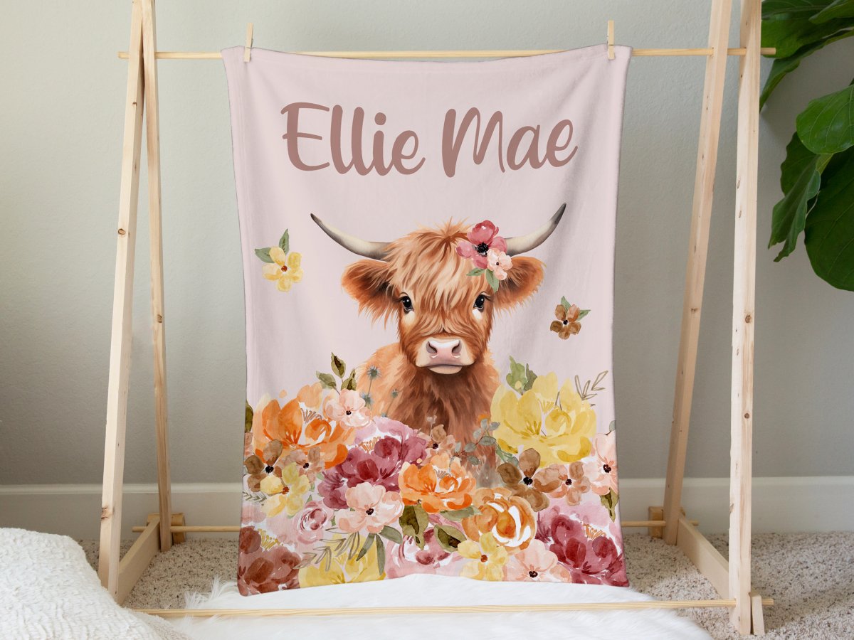 Highland Cow Wildflower Ruffled Crib Bedding - gender_girl, Highland Cow Wildflower, text