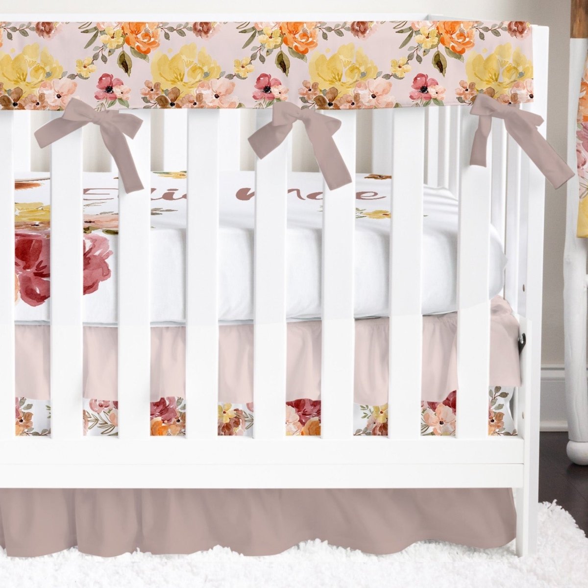 Highland Cow Wildflower Ruffled Crib Bedding - gender_girl, Highland Cow Wildflower, text