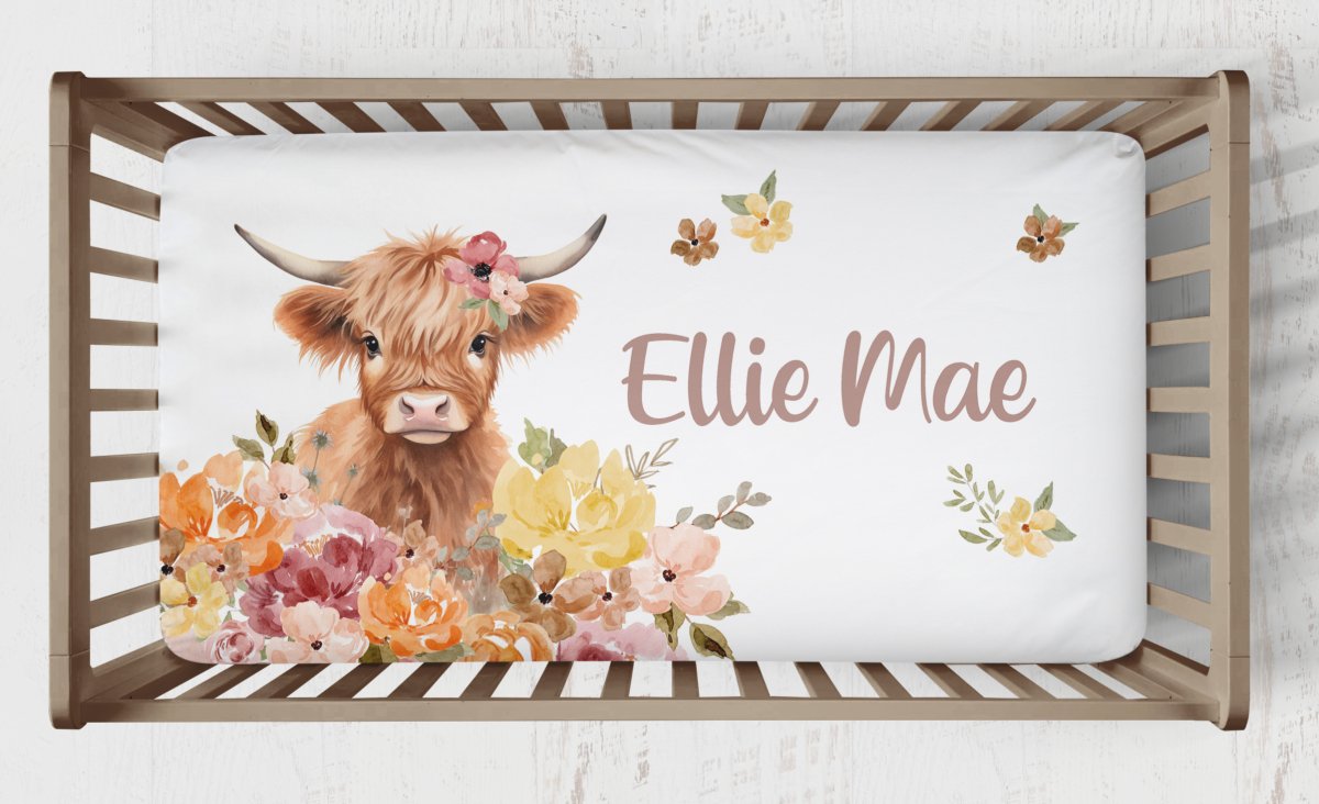 Highland Cow Wildflower Ruffled Crib Bedding - gender_girl, Highland Cow Wildflower, text