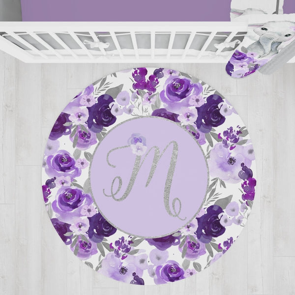 Large Purple Floral Nursery Rug - gender_girl, Purple Floral Elephant, text