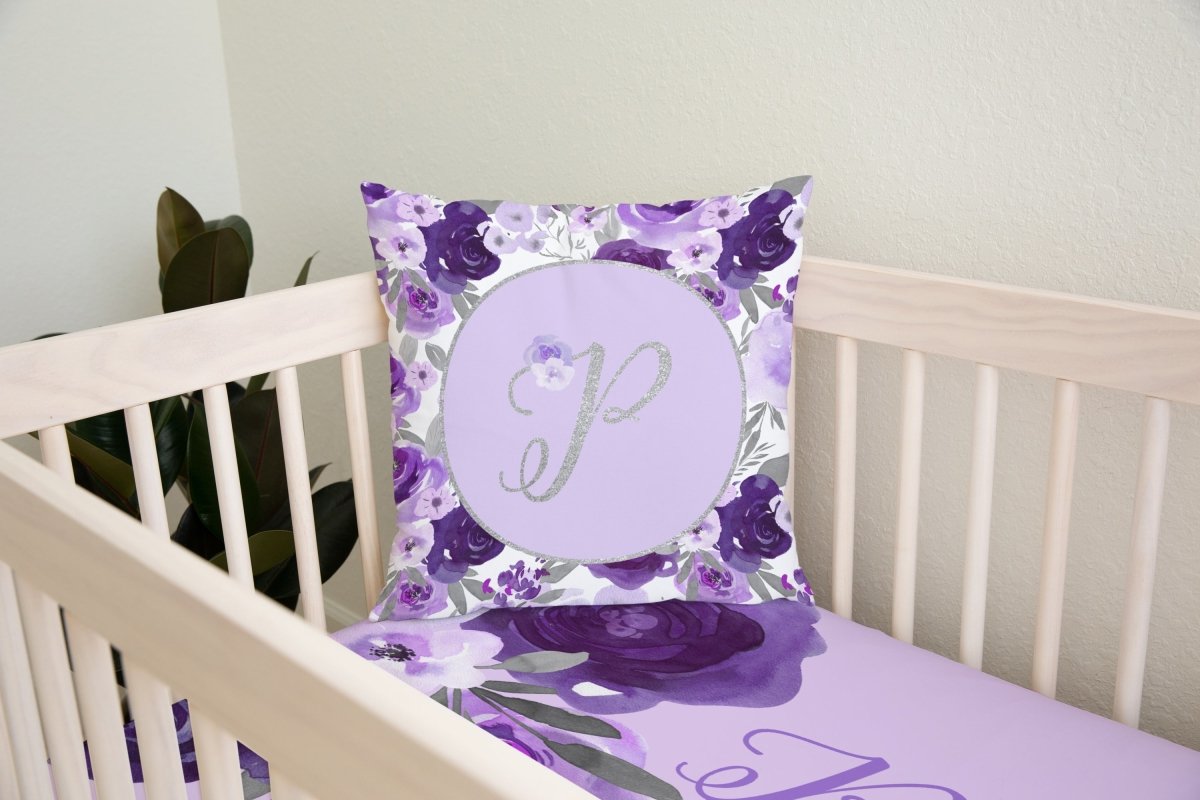 Large Purple Floral Personalized Crib Sheet - gender_girl, Personalized_Yes, text