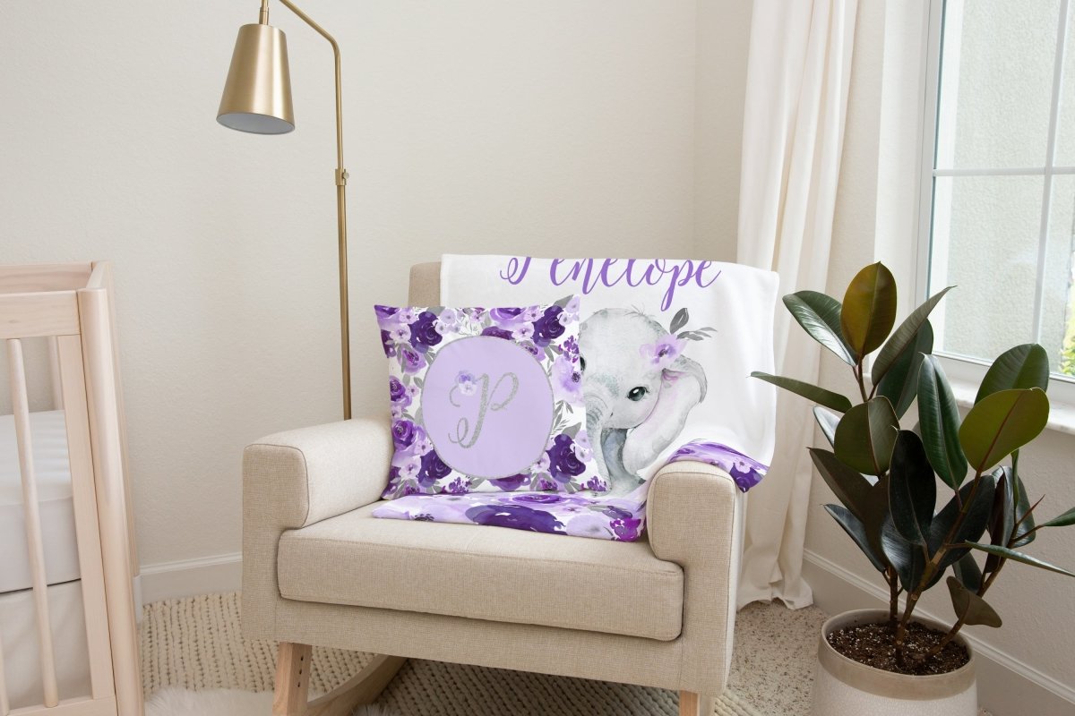 Large Purple Floral Personalized Throw Pillow - gender_girl, Purple Floral Elephant, text