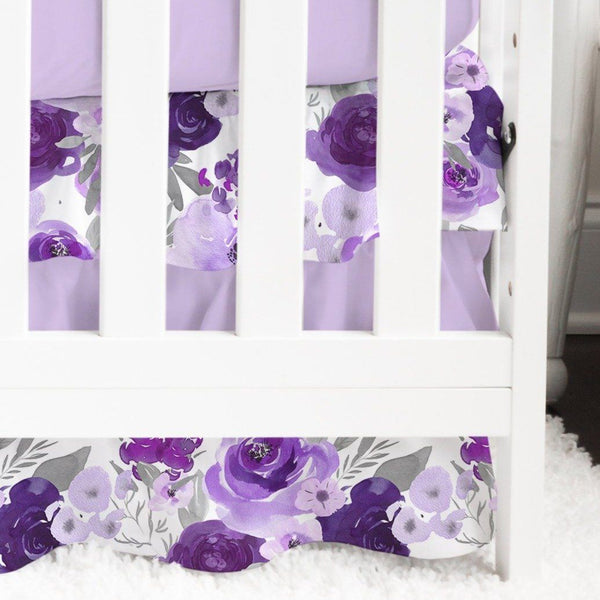 Large Purple Floral Ruffled Crib Skirt - Crib Skirt
