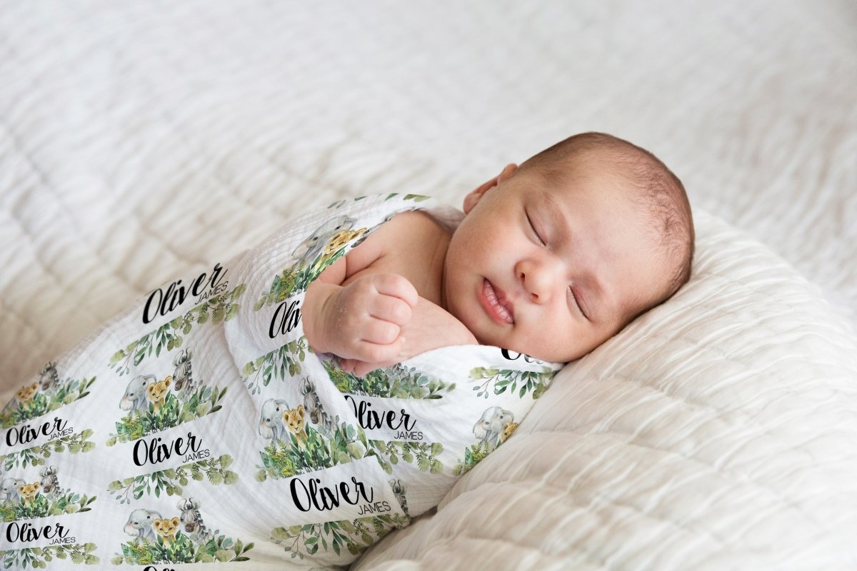 Leafy Jungle Animals Muslin Blanket - gender_boy, Leafy Jungle, text