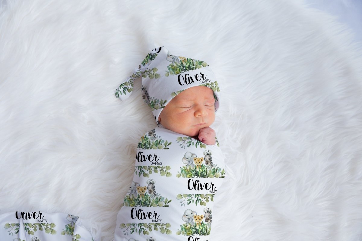 Leafy Jungle Personalized Swaddle Blanket Set - gender_boy, Leafy Jungle, text