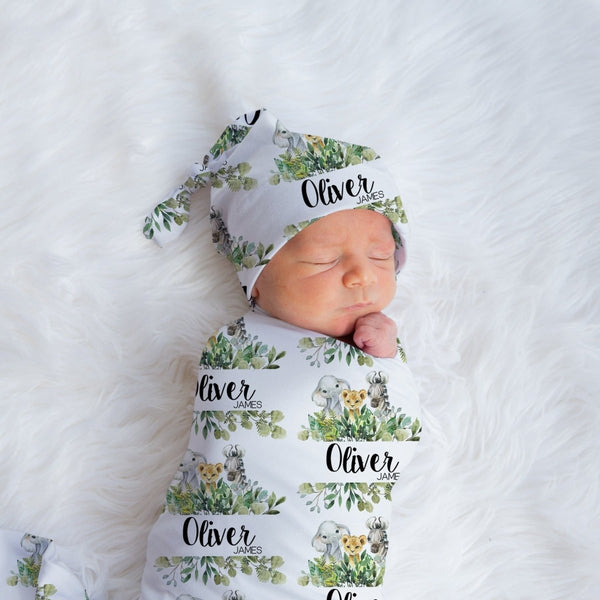 Leafy Jungle Personalized Swaddle Blanket Set - gender_boy, Leafy Jungle, text