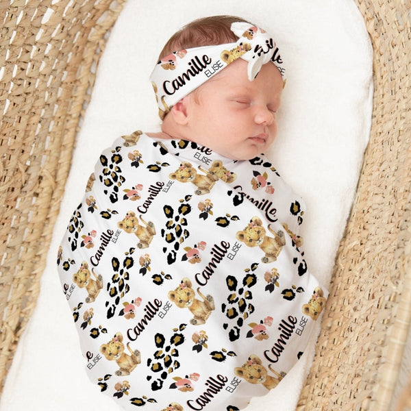 Leopard Love Personalized Swaddle Blanket Set - gender_girl, Leopard Love, text