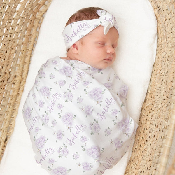 Lovely Lavender Personalized Swaddle Blanket Set - gender_girl, Lovely Lavender, text