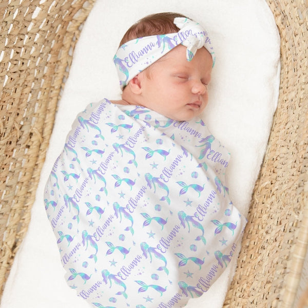 Mermaid Love Personalized Swaddle Blanket Set - gender_girl, Mermaid Love, text