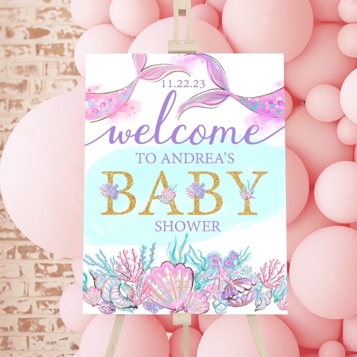 Mermaid Seashells Baby Shower Welcome Sign - gender_girl, Mermaid Seashells, text