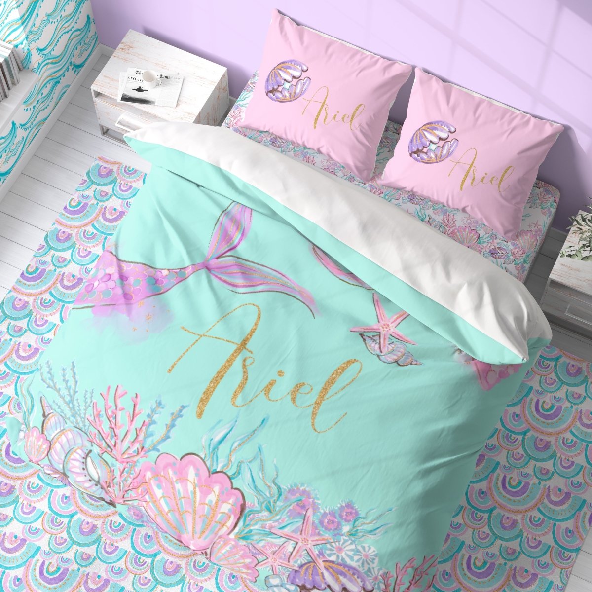 Mermaid Seashells Kids Bedding Set (Comforter or Duvet Cover) - gender_girl, Mermaid Seashells, text