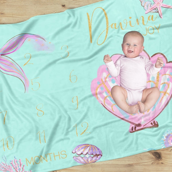 Mermaid Seashells Milestone Minky Blanket - gender_girl, Mermaid Seashells, text