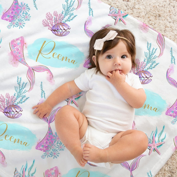 Mermaid Seashells Personalized Baby Blanket - gender_girl, Mermaid Seashells, Personalized_Yes